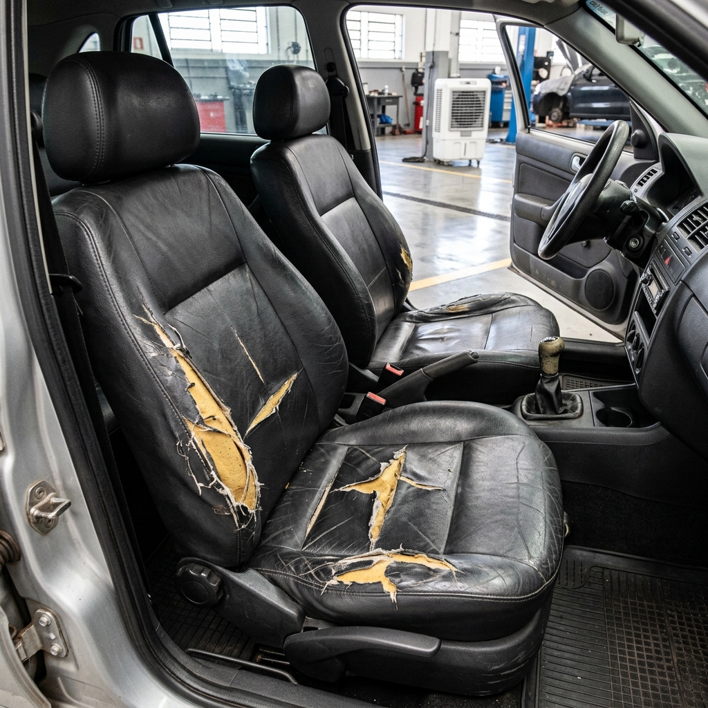 Banco do carro rasgado e danificado antes da capa Monshell